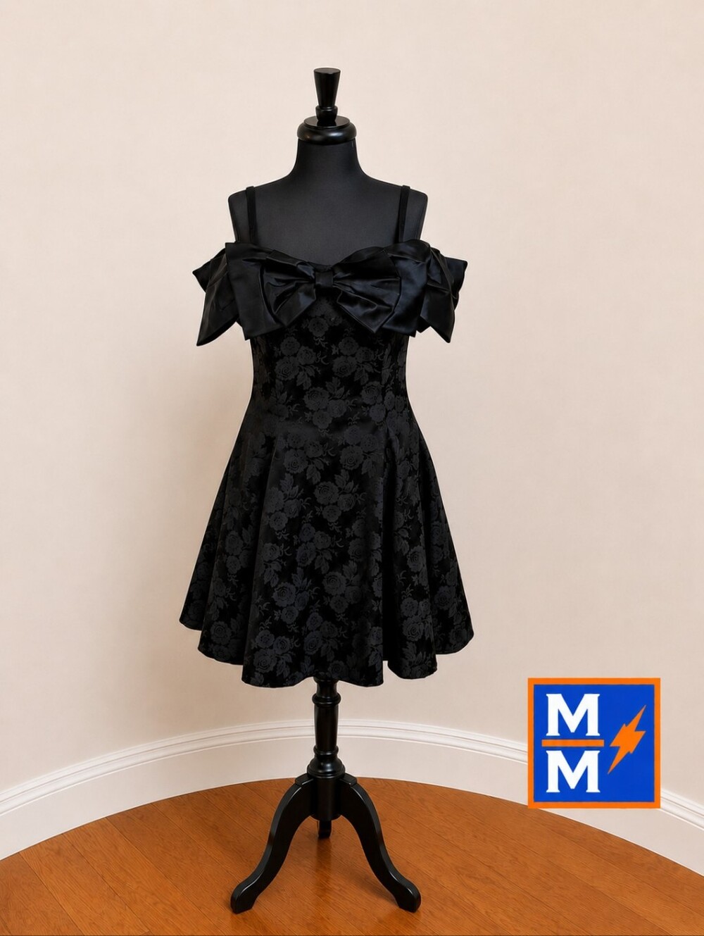 Black Floral Jacquard Bow Party Or Prom Dress Fit & Flare Goth Coquette